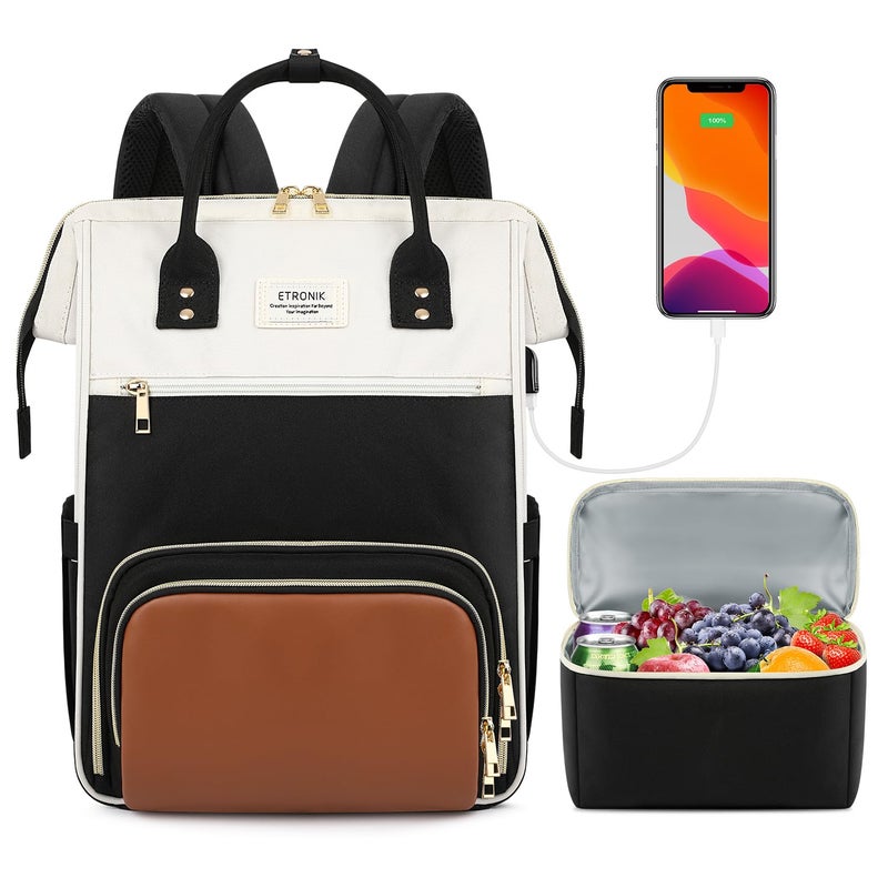 ETRONIK Lunch Backpack  17.3 Inch Laptop Backpack with USB Port  Stylish Nurse  Teacher Work Bag with Insulated Cooler Lunch Box for Women Men/Travel  Black-Beige-Brown - Image 1
